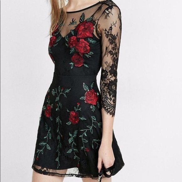 Express Dresses & Skirts - NWT Express Black Lace Red Rose Embroidered Dress V back M
